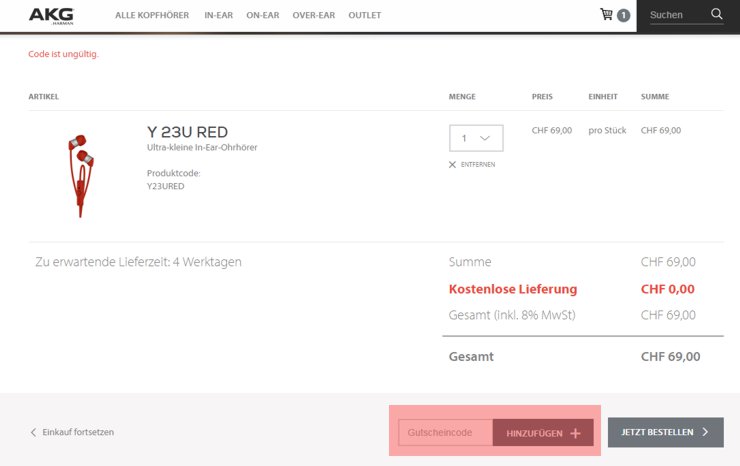 wo muss ein akg.com Gutscheincode eingeloest werden