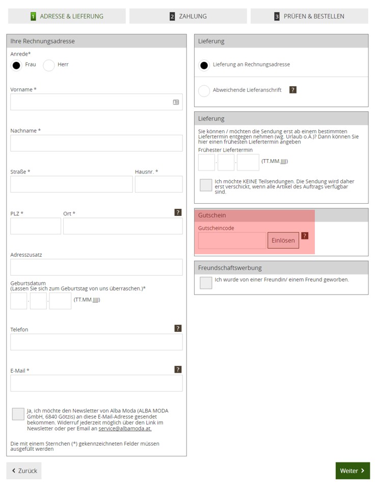 wie wird ein albamoda.ch Gutscheincode eingeloest