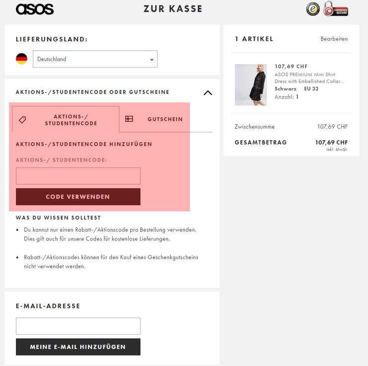 wo muss ein asos.com Gutscheincode eingeloest werden