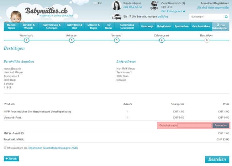 wo muss ein babymüller.ch Gutscheincode eingeloest werden