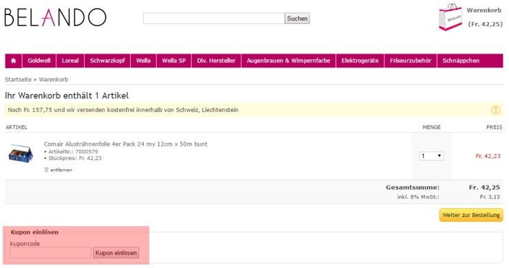 wo muss ein belando.ch Gutscheincode eingeloest werden