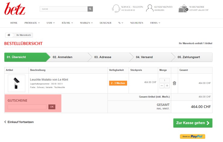 wo muss ein betz-designmoebel.ch Gutscheincode eingeloest werden