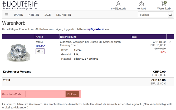 wie ist ein bijouteria Gutscheincode einzulösen