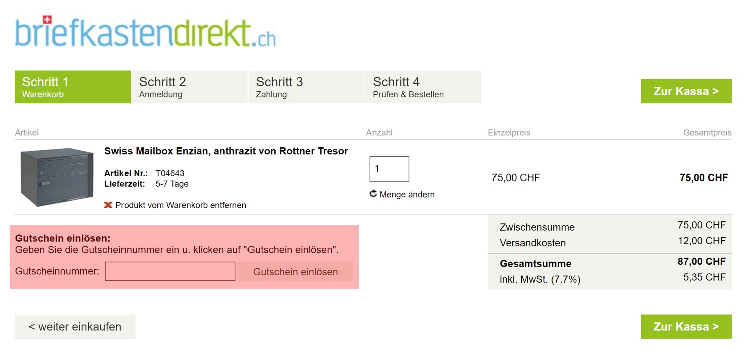 wie ist ein briefkastendirekt.ch Gutscheincode einzulösen