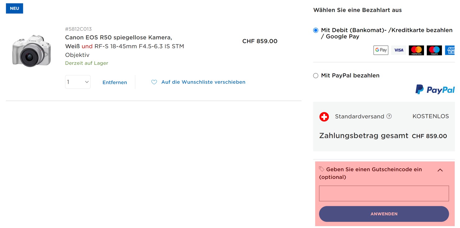 wie ist ein Canon Schweiz Shop Gutscheincode einzulösen