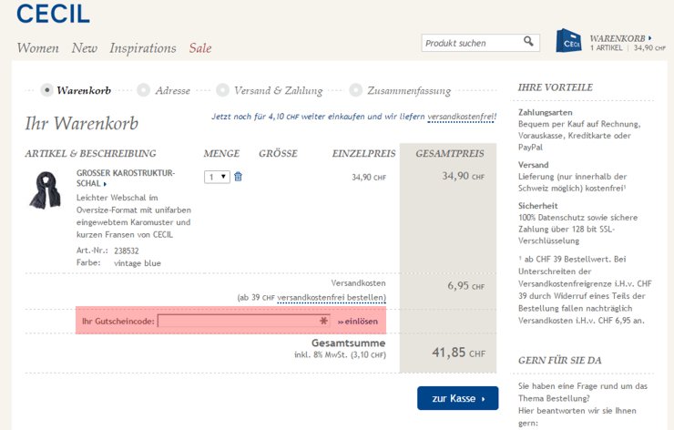 wo muss ein cecil.ch Gutscheincode eingeloest werden