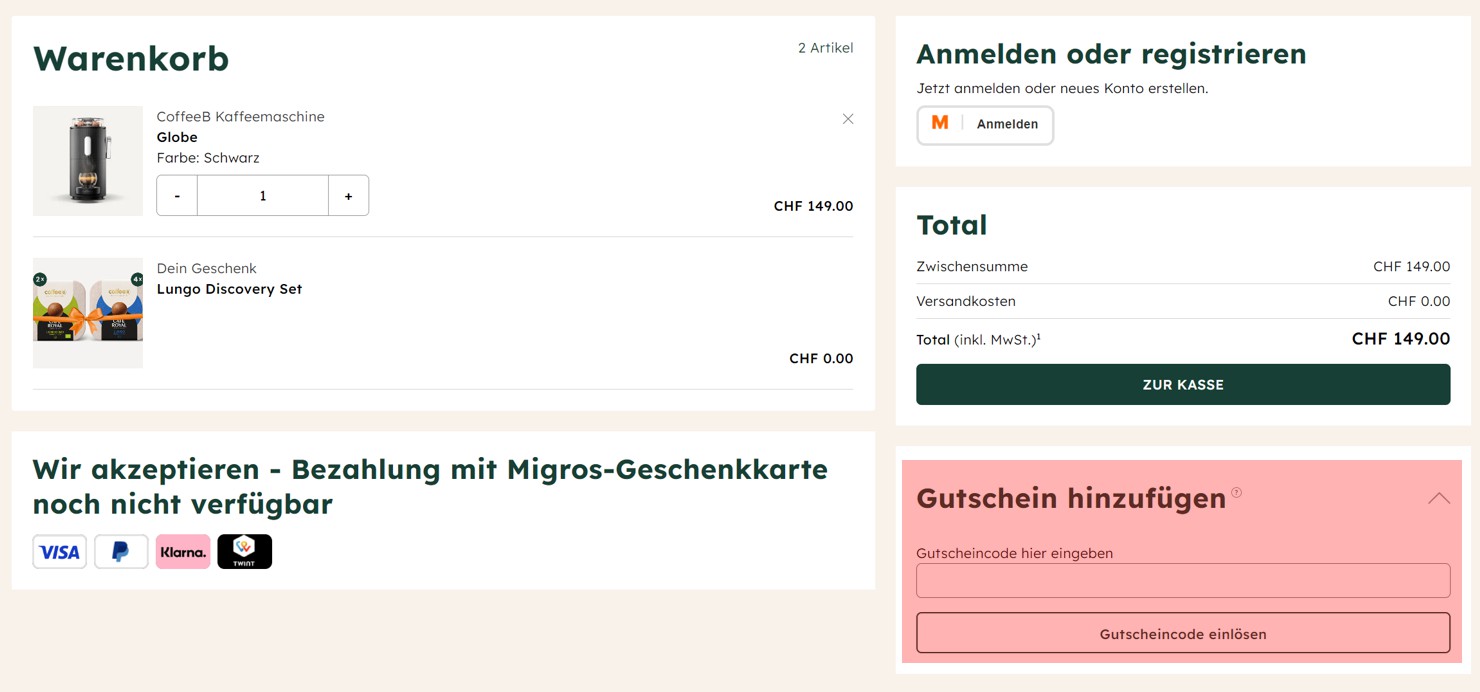 wie ist ein CoffeeB Gutscheincode einzulösen