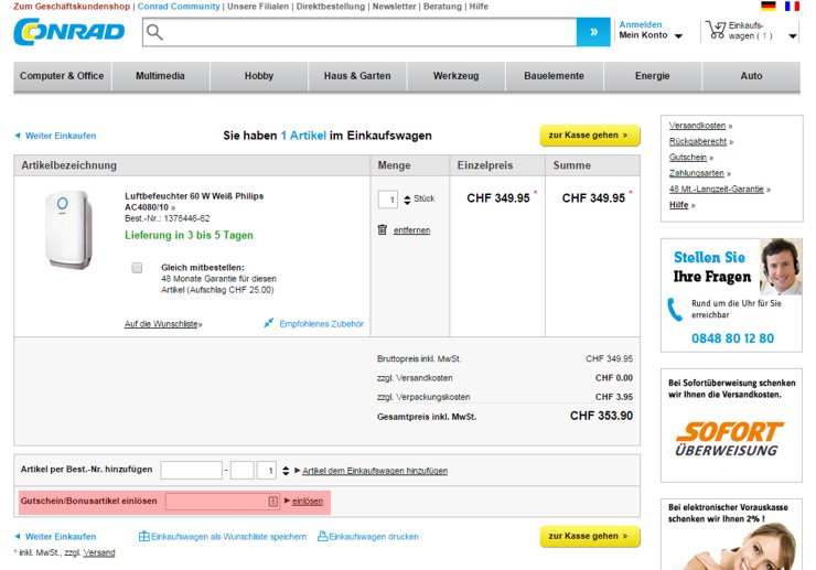 wo muss ein conrad.ch Gutscheincode eingeloest werden