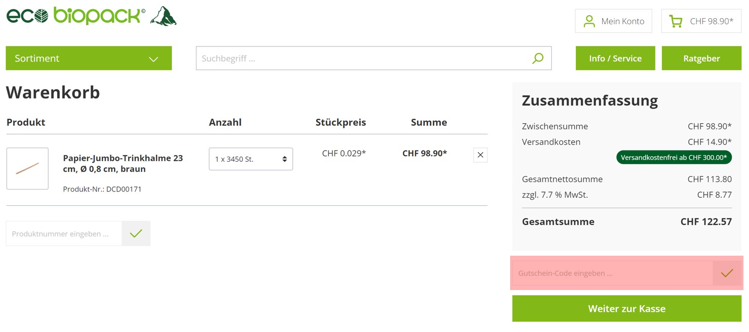 wie ist ein ecobiopack Gutscheincode einzulösen
