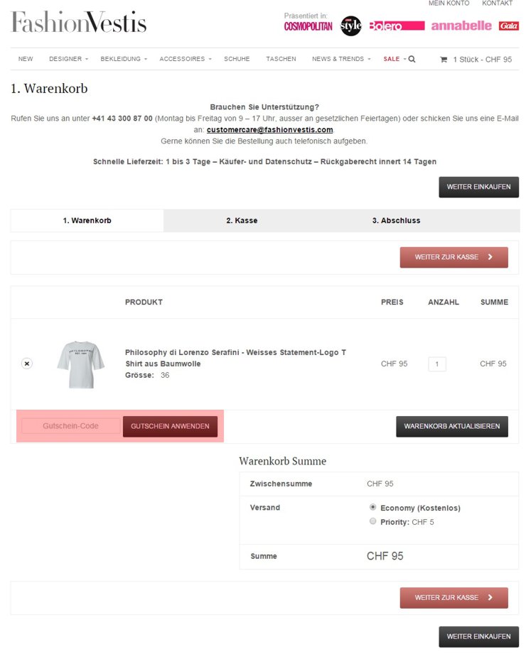 wo muss ein FashionVestis.com Gutscheincode eingeloest werden