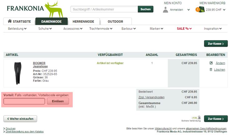 wo muss ein frankoniamoda.ch Gutscheincode eingeloest werden