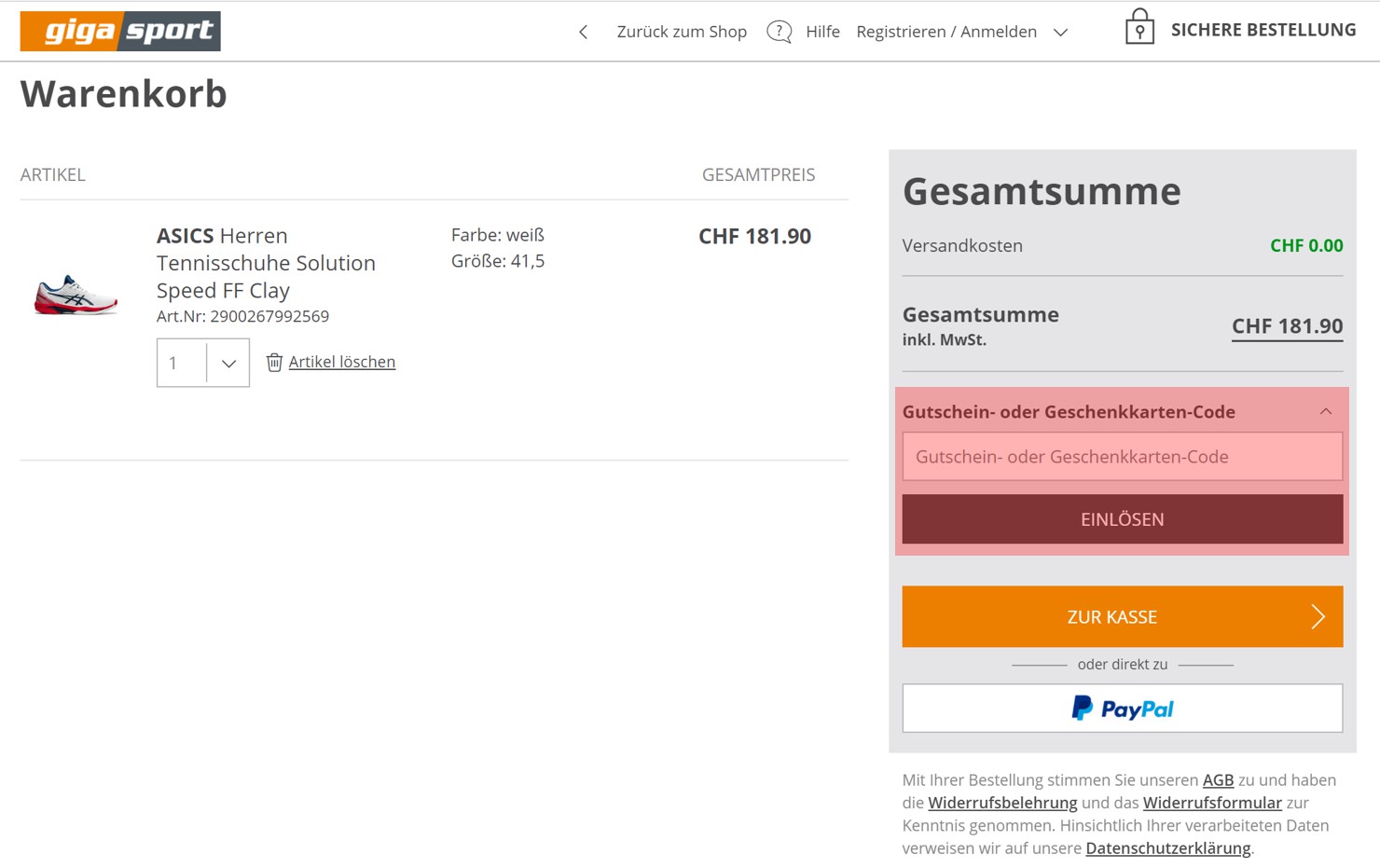 wie ist ein gigasport Gutscheincode einzulösen