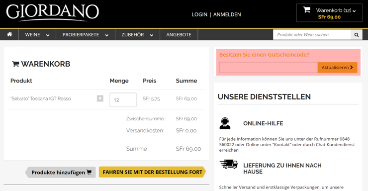 wie ist ein giordano weine Gutscheincode einzulösen