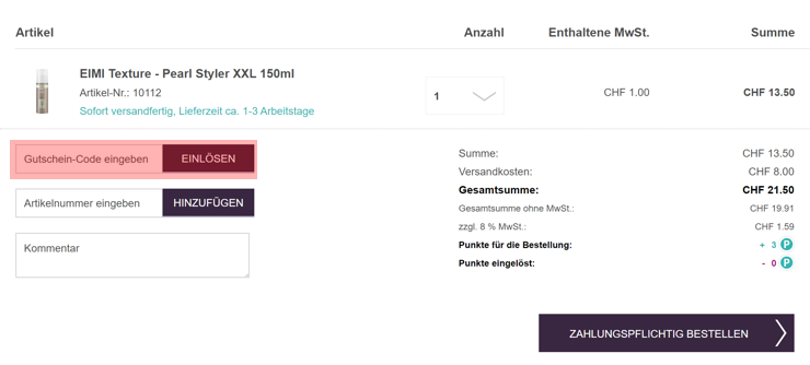 wo muss ein haarprodukte ch Gutscheincode eingeloest werden