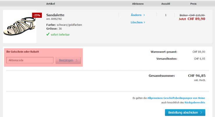 wo muss ein heine.ch Gutscheincode eingeloest werden
