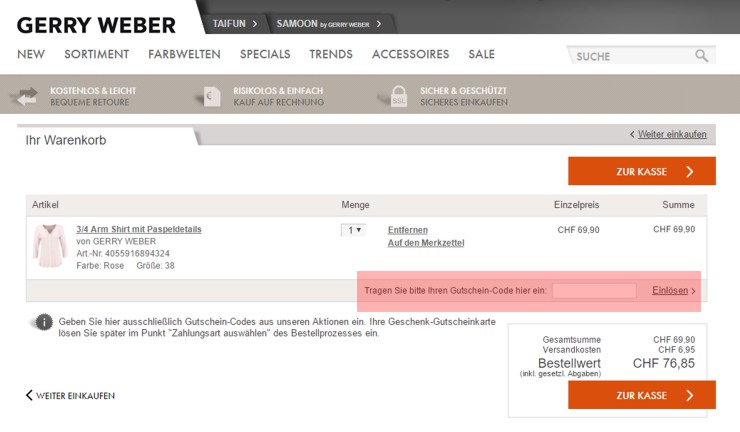 wo muss ein house-of-gerryweber.ch Gutscheincode eingeloest werden