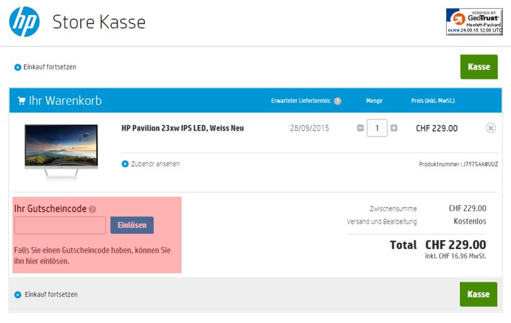 wo muss ein hp.ch Gutscheincode eingeloest werden