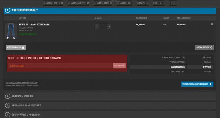 wo muss ein jeans.ch Gutscheincode eingeloest werden