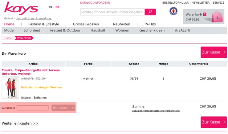 wie wird ein kays ch Gutscheincode eingeloest