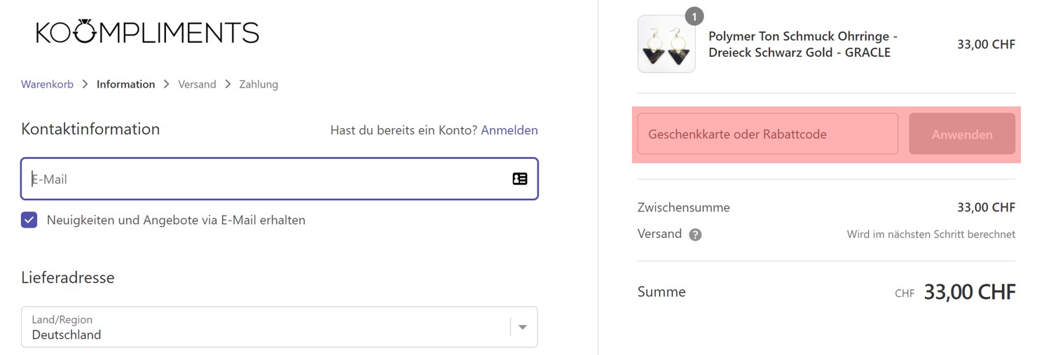 wie ist ein koompliments Gutscheincode einzulösen