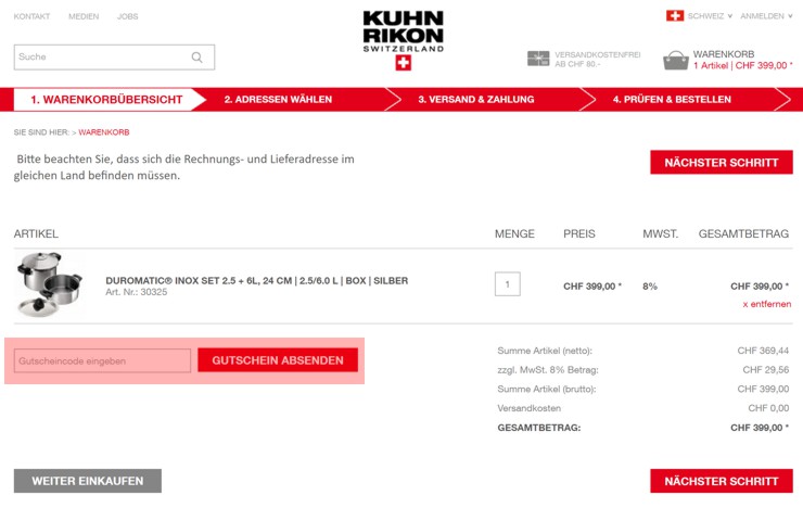 wie wird ein kuhn rikon ch Gutscheincode eingeloest