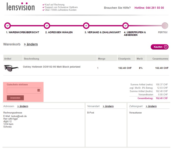 wo muss ein lensvision.ch Gutscheincode eingeloest werden