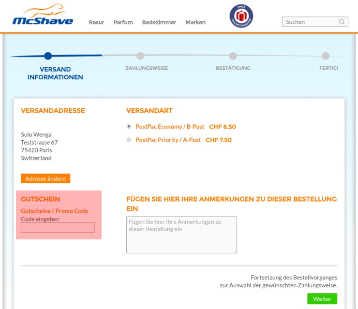 wo muss ein mcshave.ch Gutscheincode eingeloest werden