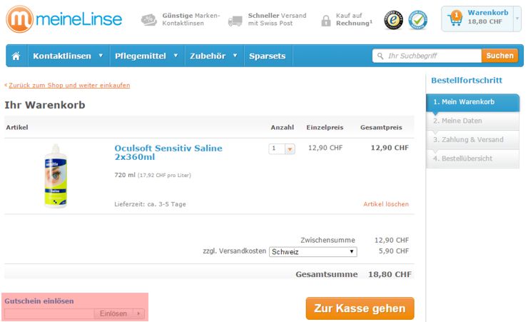 wo muss ein meineLinse Gutscheincode eingeloest werden