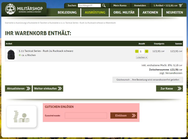 wo muss ein militaershop.ch Gutscheincode eingeloest werden