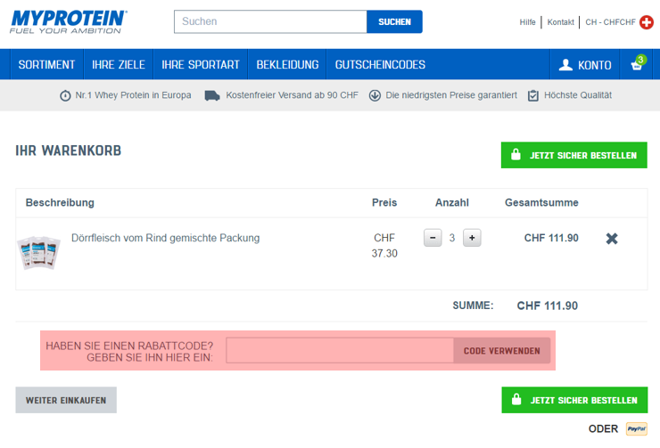 wo muss ein myprotein.ch Gutscheincode eingeloest werden