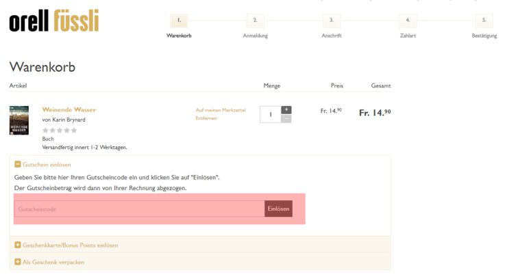 wo muss ein orellfuessli.ch Gutscheincode eingeloest werden