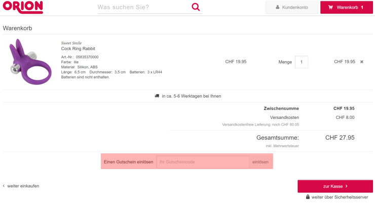 wo muss ein orionversand.ch Gutscheincode eingeloest werden