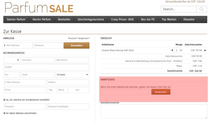 wie ist ein parfumsale.ch Gutscheincode einzulösen