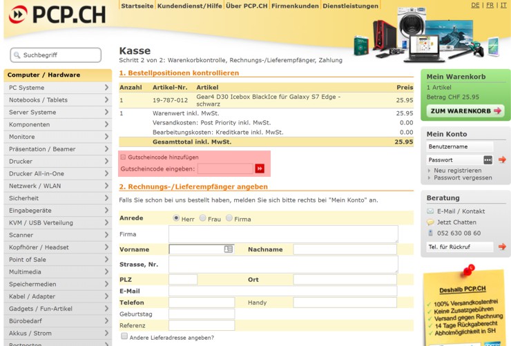 wie wird ein pcp ch Gutscheincode eingeloest