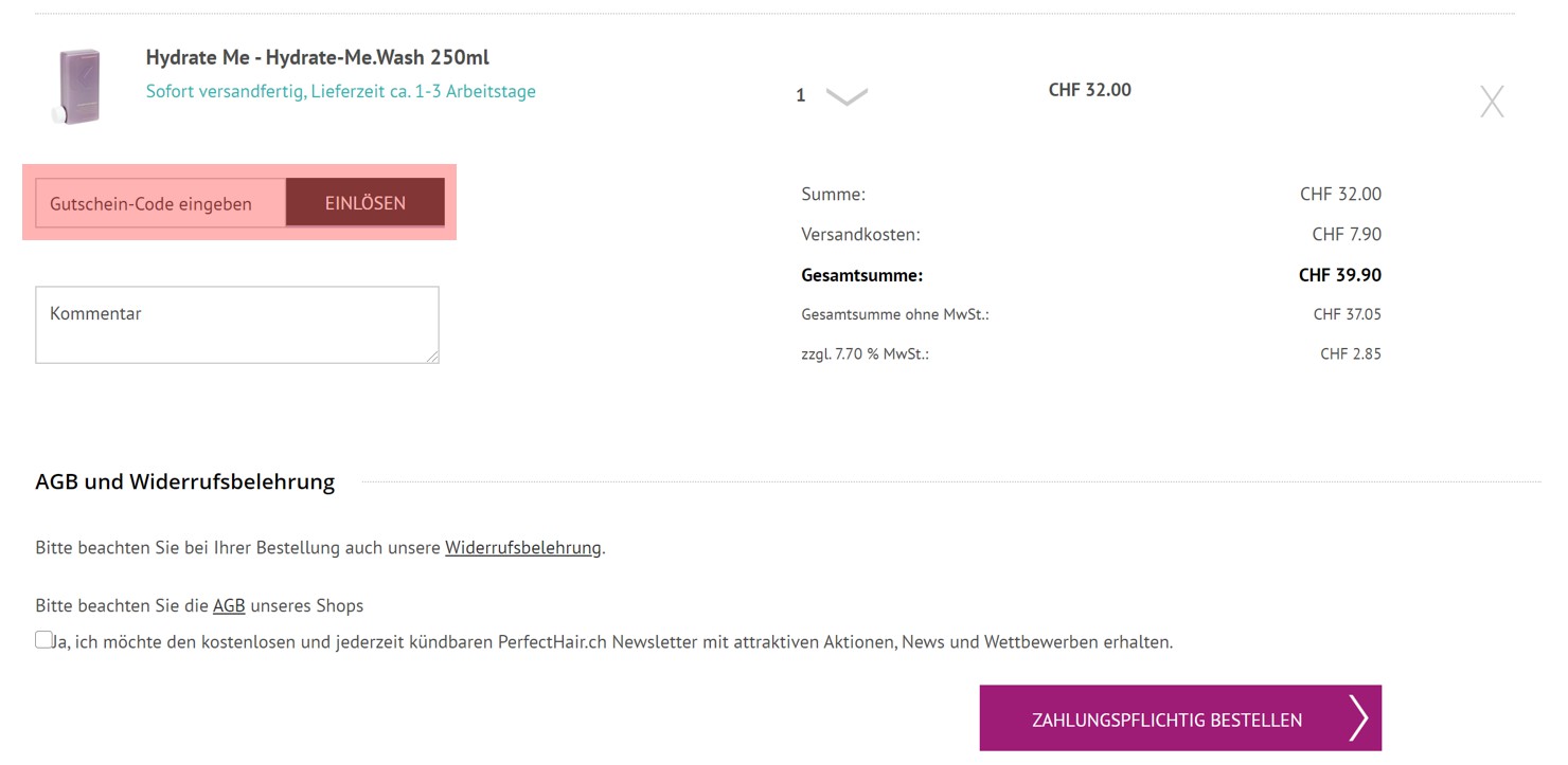 wie ist ein perfecthair Gutscheincode einzulösen