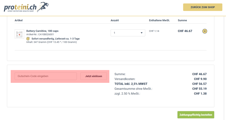 wie ist ein proteini.ch Gutscheincode einzulösen