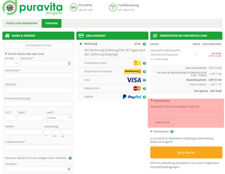 wo muss ein puravita.ch Gutscheincode eingeloest werden