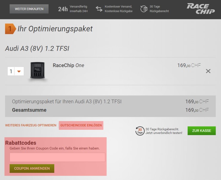 wo muss ein racechip.ch Gutscheincode eingeloest werden