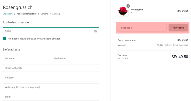 wie wird ein rosengruss.ch Gutscheincode eingeloest