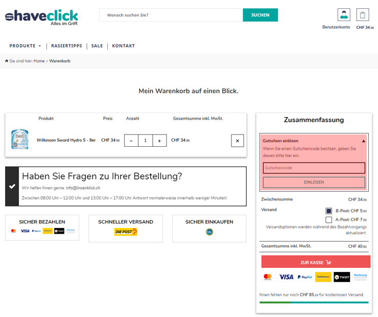 wie wird ein shaveclick ch Gutscheincode eingeloest