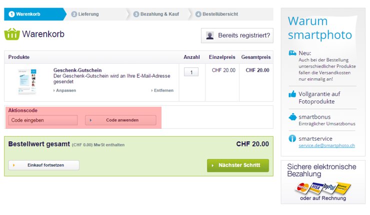 wo muss ein smartphoto.ch Gutscheincode eingeloest werden