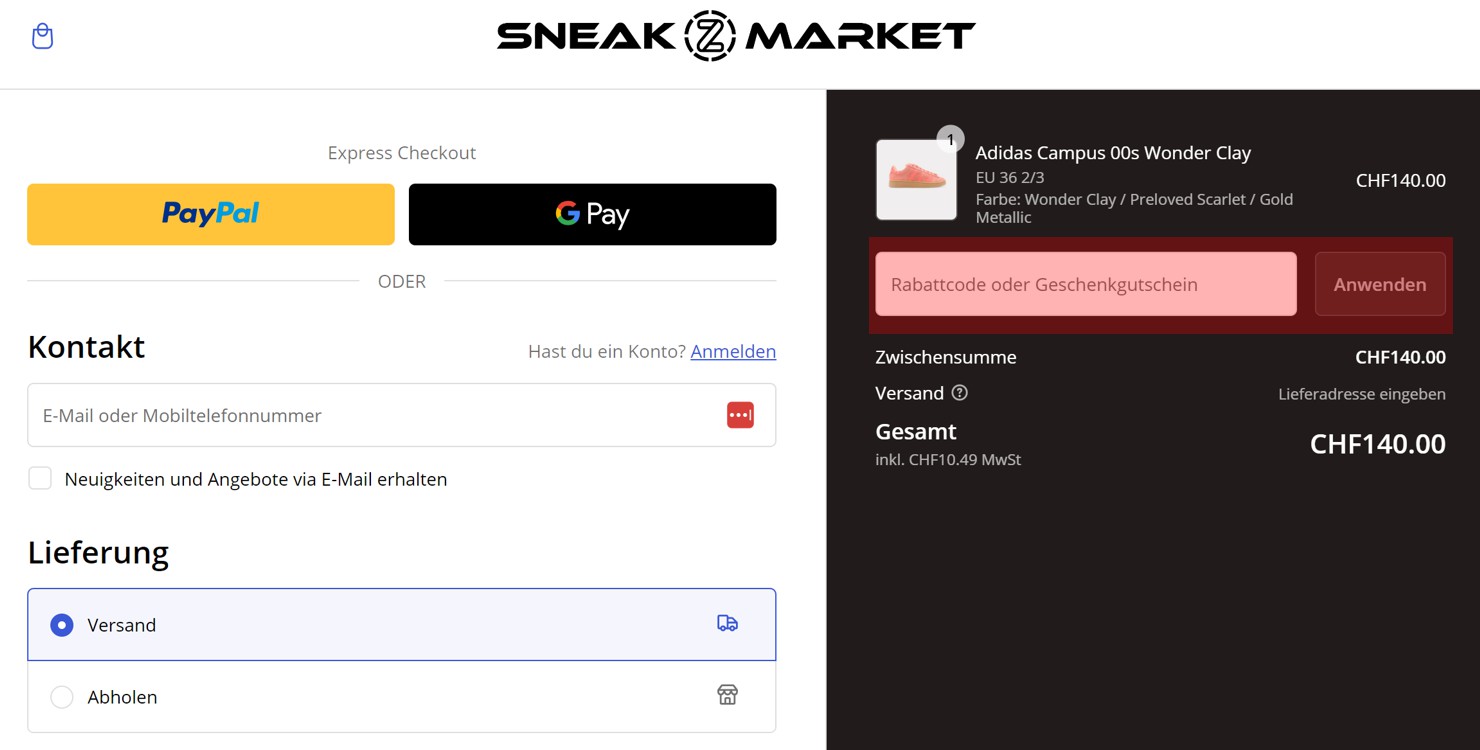 wie ist ein sneakzmarket Gutscheincode einzulösen