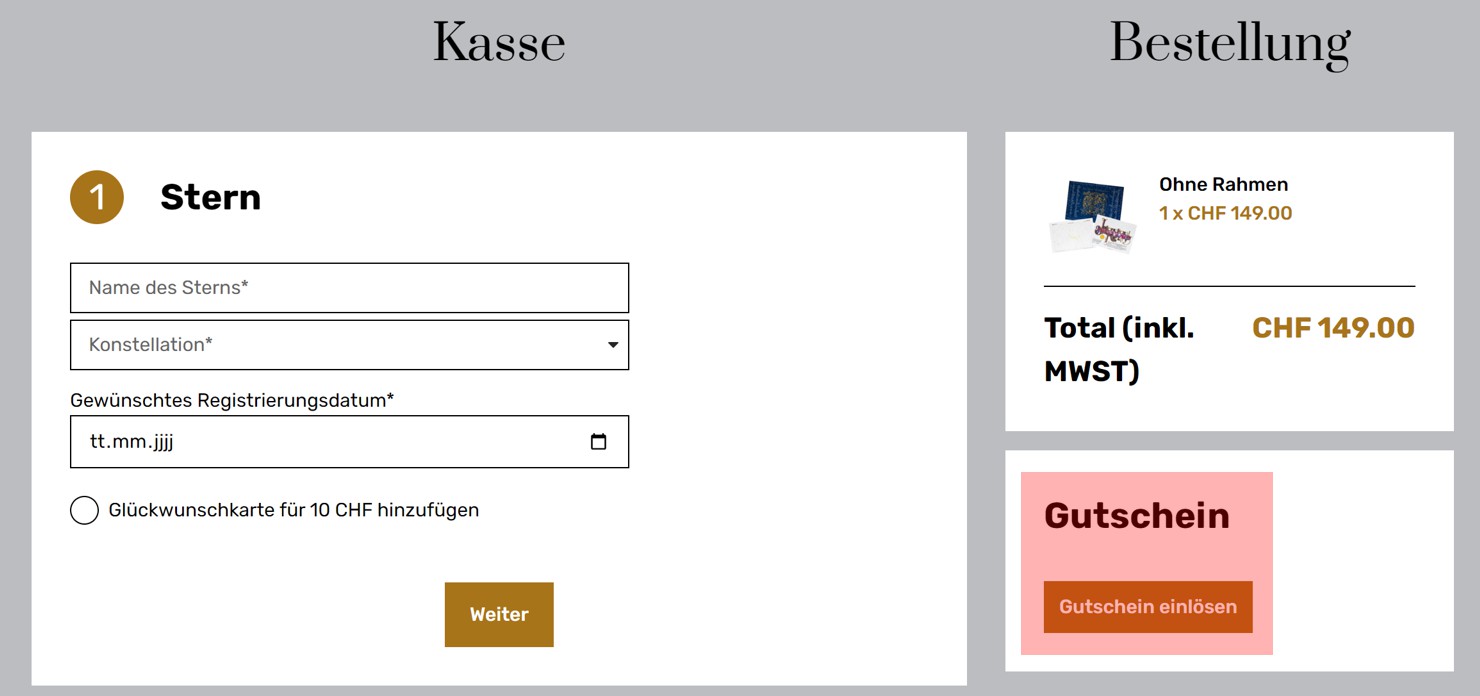 wie ist ein Sterntaufe Gutscheincode einzulösen