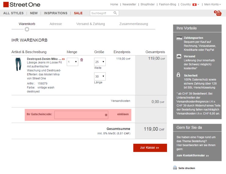wo muss ein street-one.ch Gutscheincode eingeloest werden