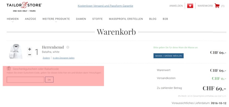 wo muss ein tailorstore.ch Gutscheincode eingeloest werden