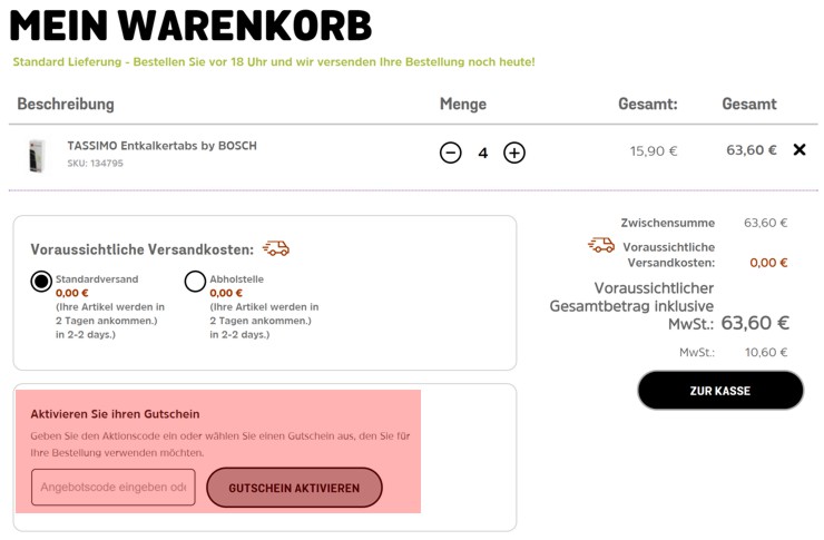 wie ist ein tassimo Gutscheincode einzulösen