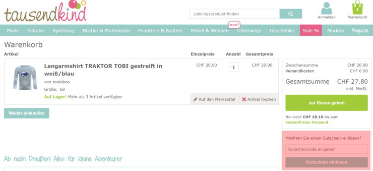 wie wird ein tausendkind ch Gutscheincode eingeloest