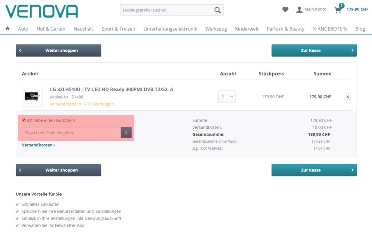 wo muss ein venova ch Gutscheincode eingeloest werden
