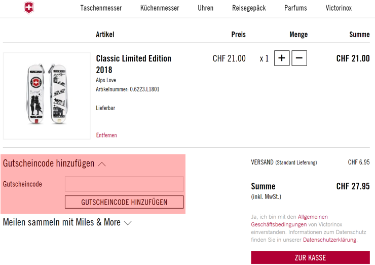 wie wird ein Victorinox Gutscheincode eingeloest