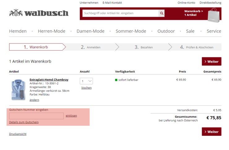 wo muss ein walbusch ch Gutscheincode eingeloest werden